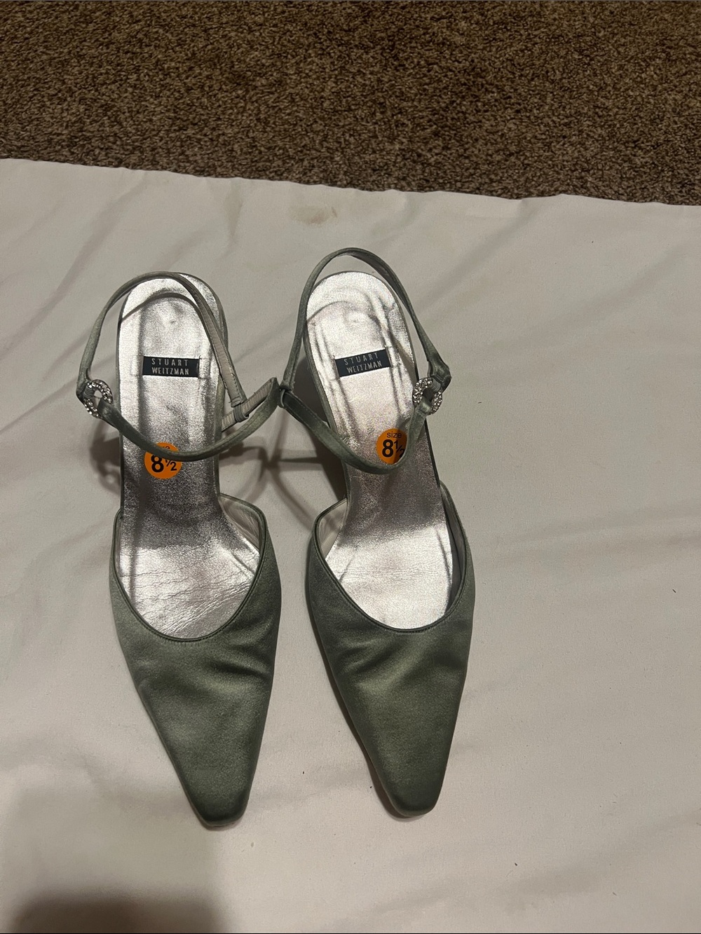 Stuart Weitzman gray matte satin heels. Rhinestone detail